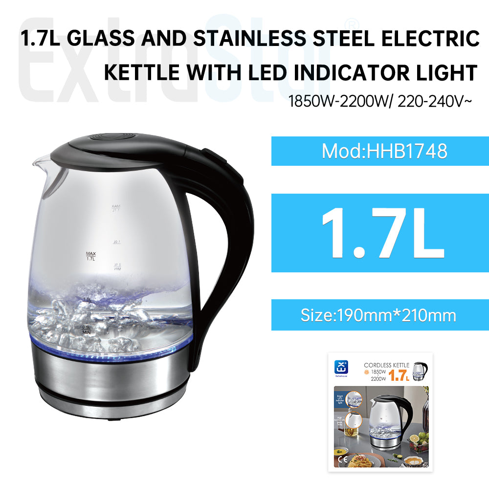1.7L Cordless Glass and Stainless Steel Electric 
Kettle with LED Indicator Light (NHHB1748)