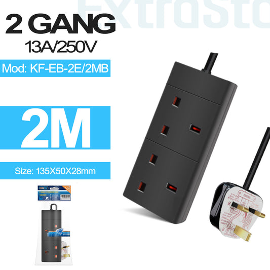 2 Gang Unswitched Extension Lead 2m Black (KF-EB-2E/2MB)