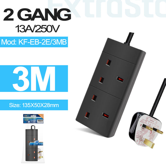 2 Gang Unswitched Extension Lead 3m Black (KF-EB-2E/3MB)