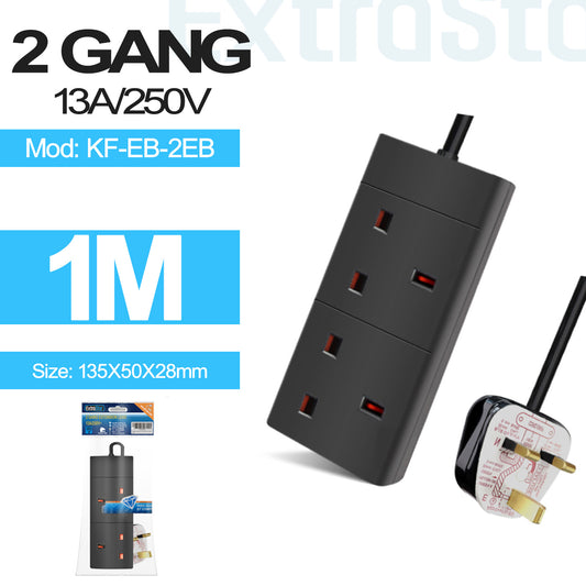 2 Gang Unswitched Extension Lead 1m Black (KF-EB-2EB)