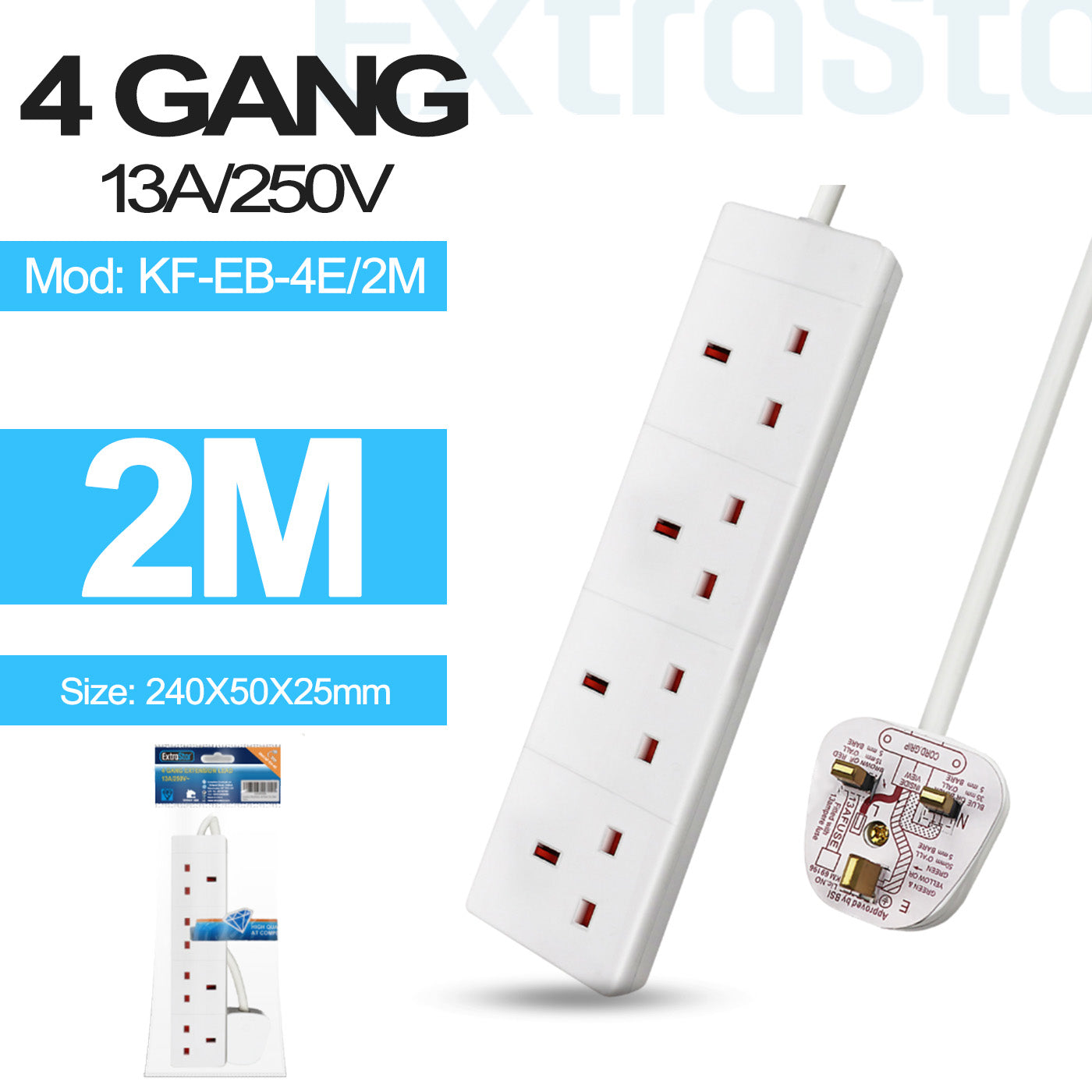 4 Gang Unswitched Extension Lead 2m (KF-EB-4E/2M)