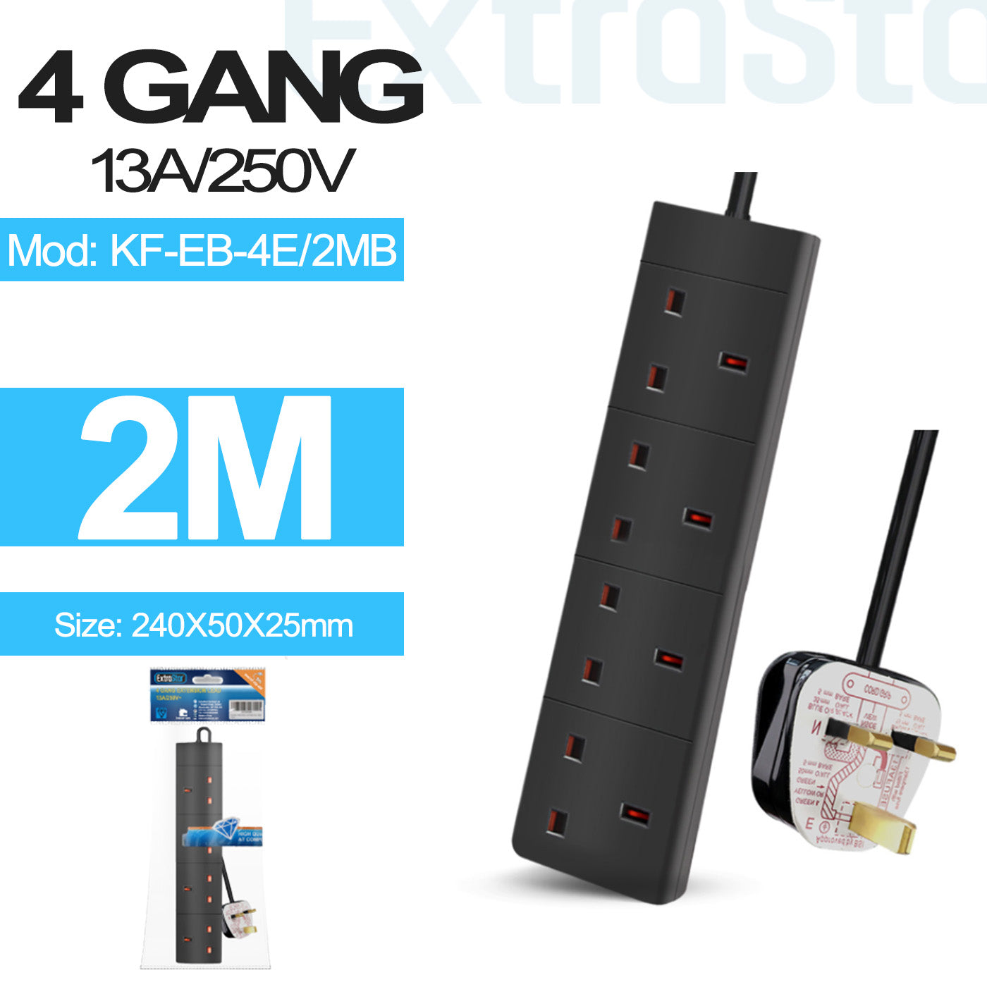 4 Gang Unswitched Extension Lead 2m Black ExtraStar