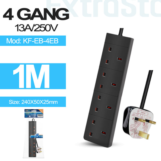 4 Gang Unswitched Extension Lead 1m Black (KF-EB-4EB)