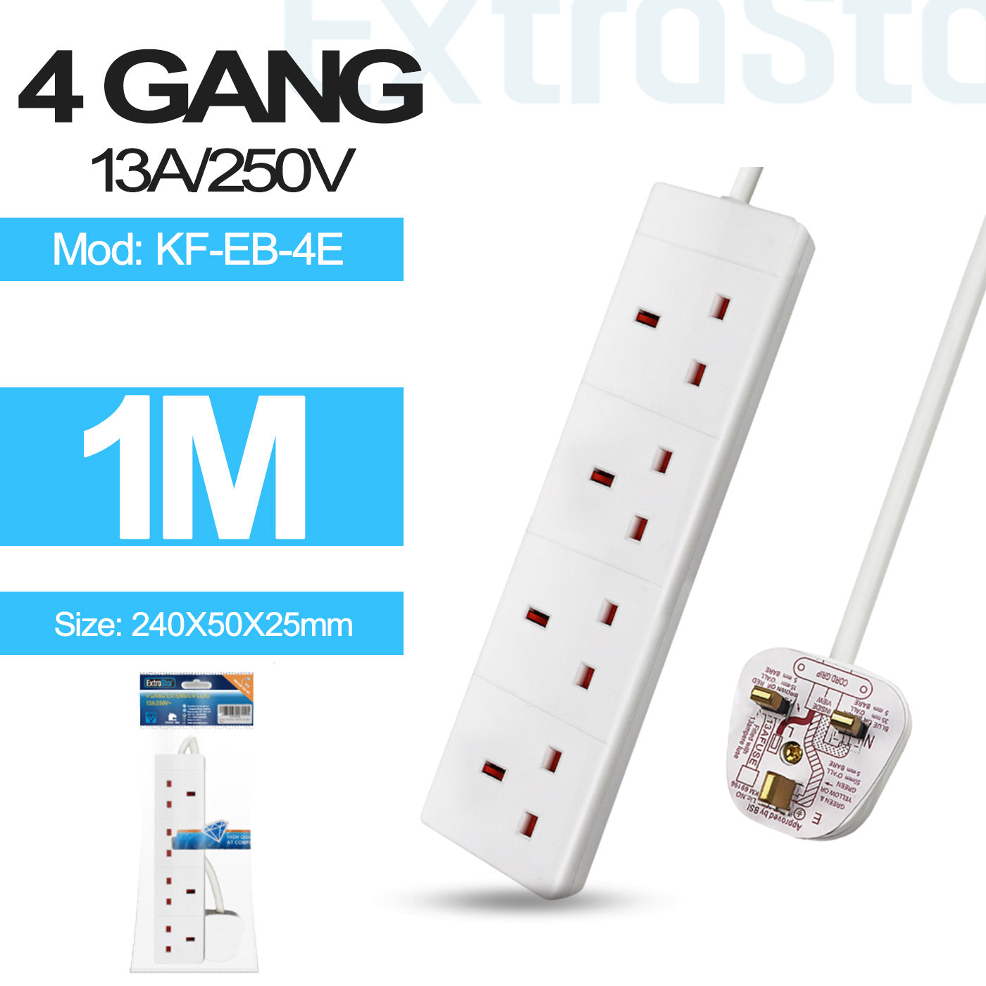 4 Gang Unswitched Extension Lead 1m ExtraStar