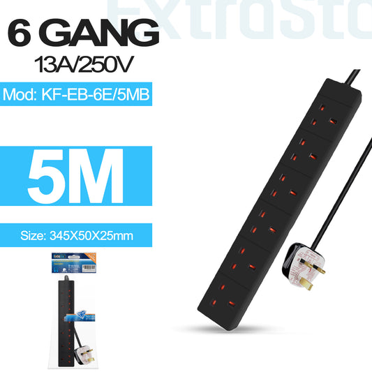 6 Gang Unswitched Extension Lead 5m Black (KF-EB-6E/5MB)