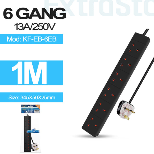 6 Gang Unswitched Extension Lead 1m Black (KF-EB-6EB)