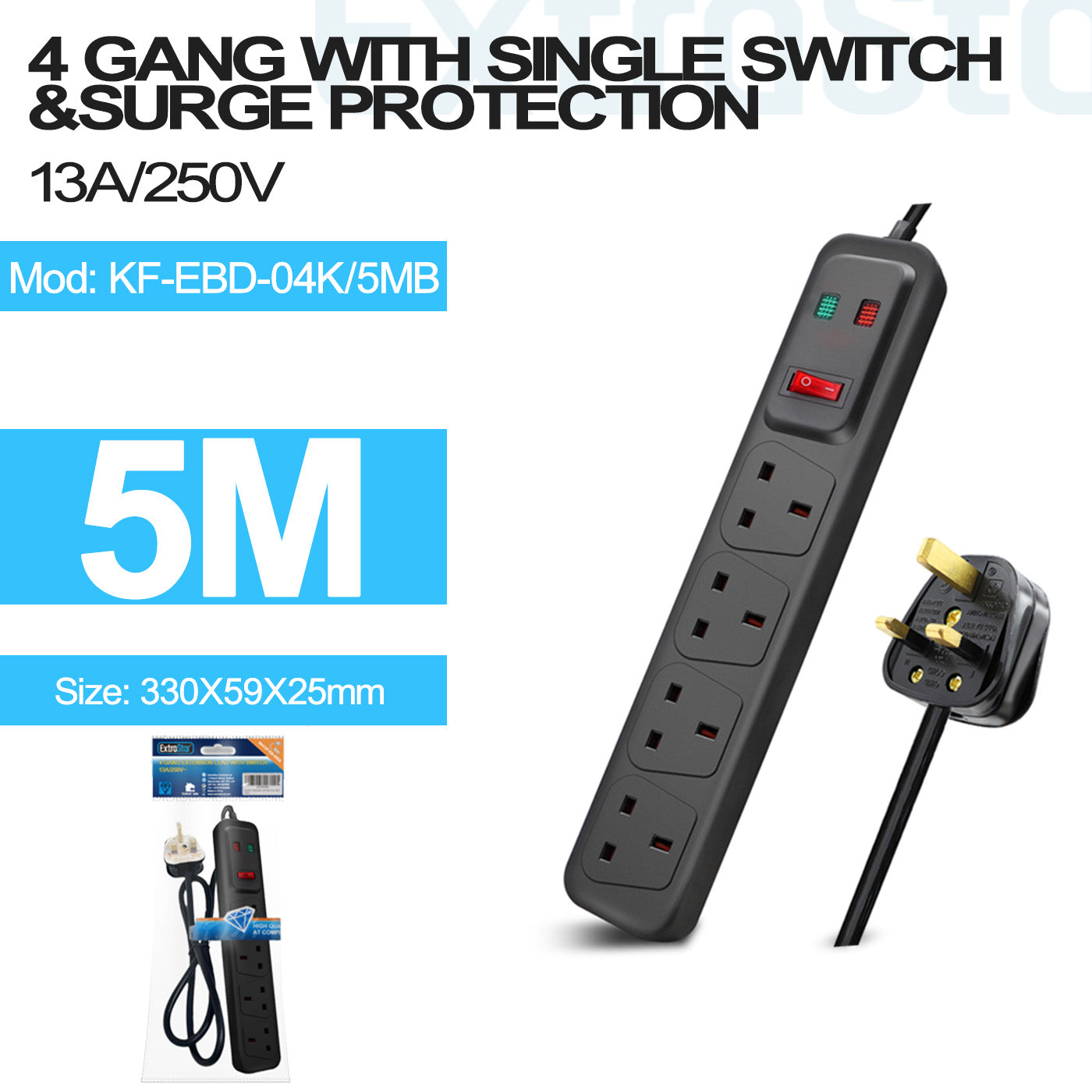 4 Gang Switched Surge-Protected Extension Lead 5m Black (KF-EBD-04K/5MB)