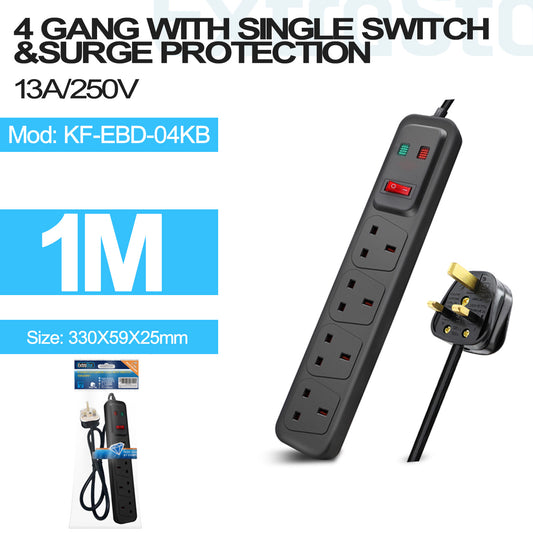 4 Gang Switched Surge-Protected Extension Lead 1m Black (KF-EBD-04KB)