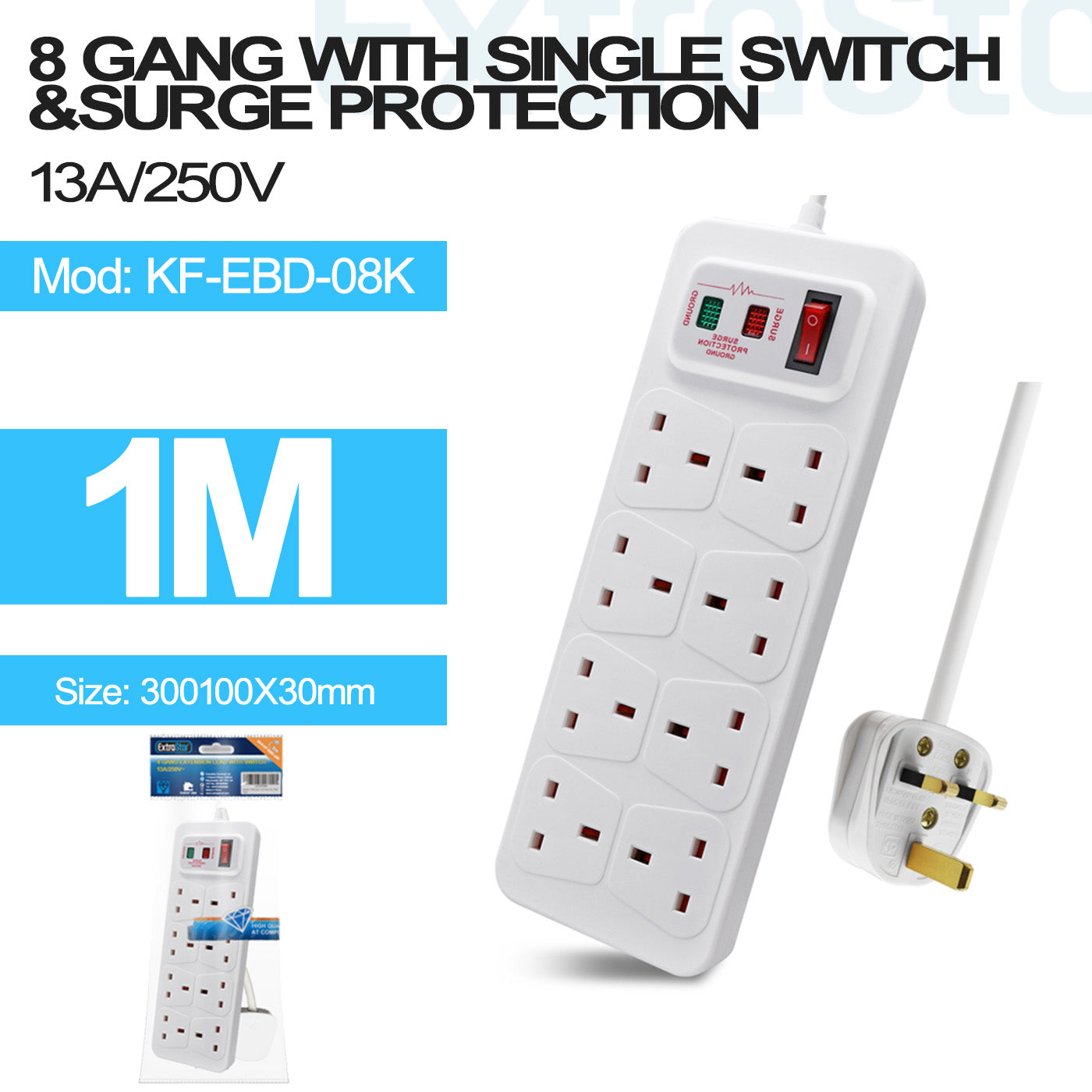 8 Gang Switched Surge-Protected Extension Lead 2m (KF-EBD-08K)