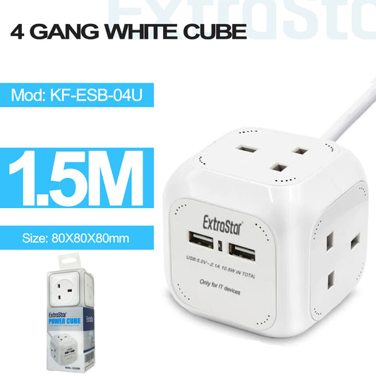 4 Gang Cube Extension Lead with 2 USB Ports 1.5m (KF-ESB-04U)