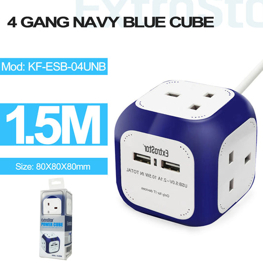 4 Gang Cube Extension Lead with 2 USB Ports 1.5m Navy Blue (KF-ESB-04UNB)