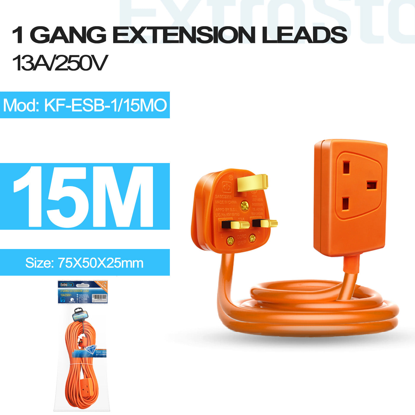 1 Gang Unswitched Extension Lead 15m Orange (KF-ESB-1/15MO)