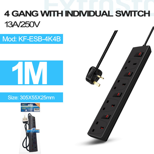 4 Gang Switched Extension Lead 1m Black (KF-ESB-4K4B)