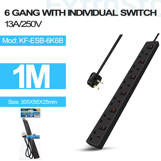 6 Gang Switched Extension Lead 1m Black (KF-ESB-6K6B)