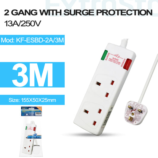 2 Gang Unswitched Surge-Protected Extension Lead 3m (KF-ESBD-2A/3M)