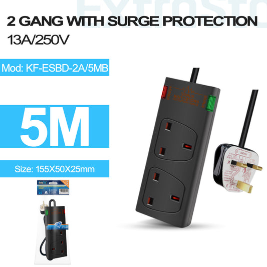 2 Gang Unswitched Surge-Protected Extension Lead 5m Black (KF-ESBD-2A/5MB)