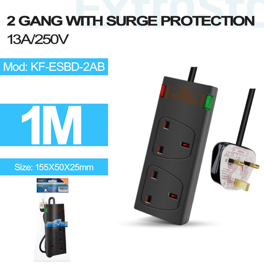 2 Gang Unswitched Surge-Protected Extension Lead 1m Black (KF-ESBD-2AB)