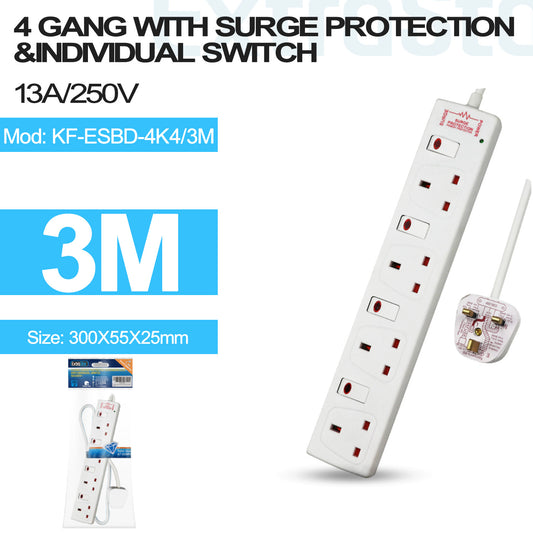 4 Gang Individually Switched Surge-Protected Extension Lead 3m (KF-ESBD-4K4/3M)