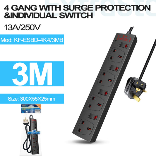 4 Gang Individually Switched Surge-Protected Extension Lead 3m Black (KF-ESBD-4K4/3MB)