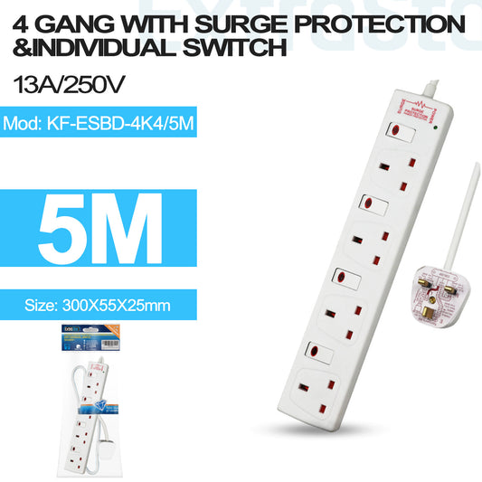 4 Gang Individually Switched Surge-Protected Extension Lead 5m (KF-ESBD-4K4/5M)