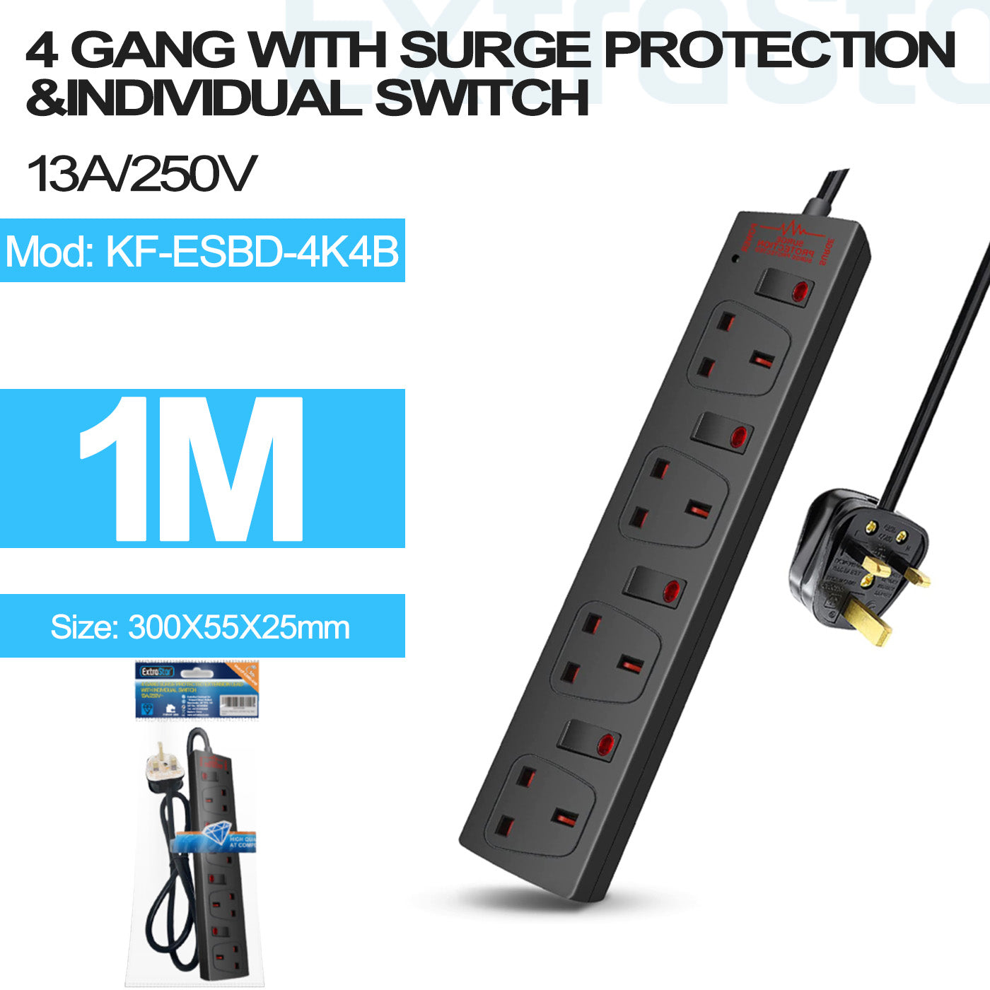 4 Gang Individually Switched Surge-Protected Extension Lead 1m Black (KF-ESBD-4K4B)