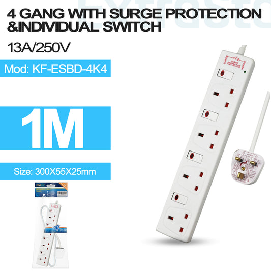 4 Gang Individually Switched Surge-Protected Extension Lead 1m (KF-ESBD-4K4)