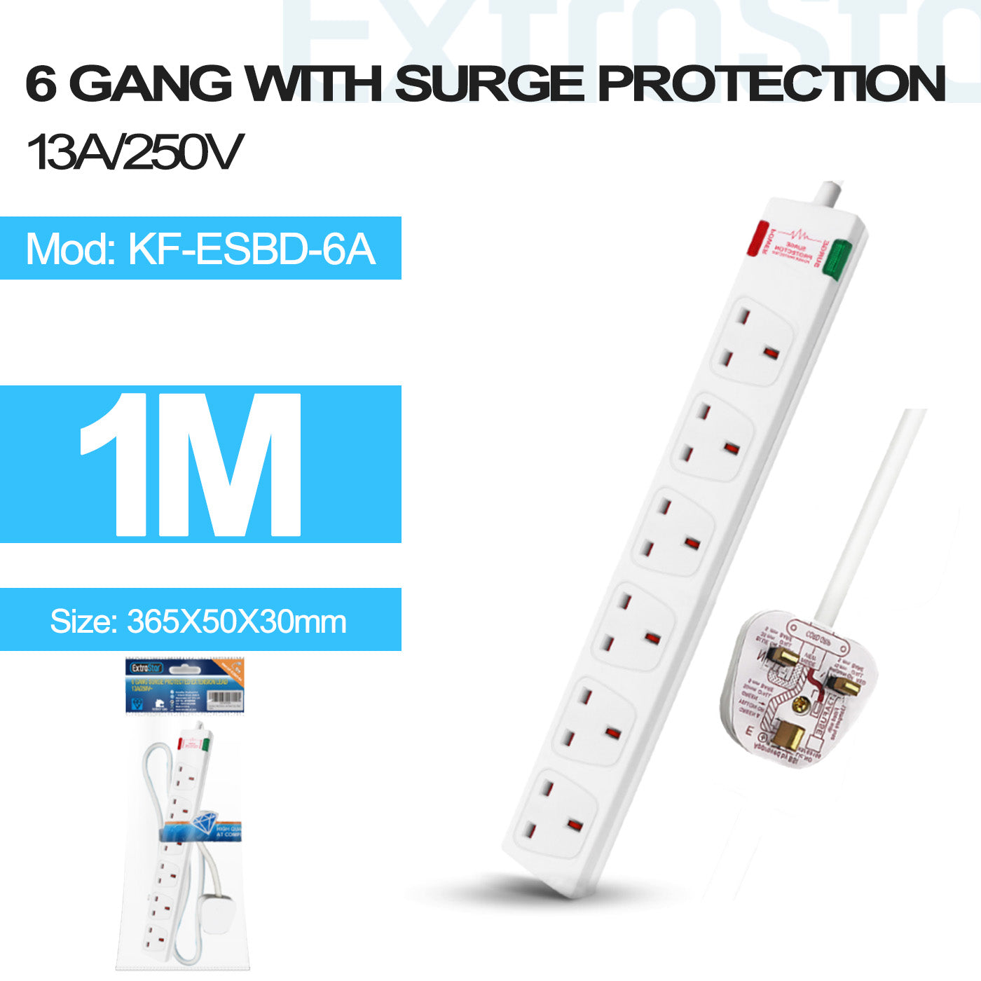 6 Gang Unswitched Surge-Protected Extension Lead 1m White (KF-ESBD-6A)