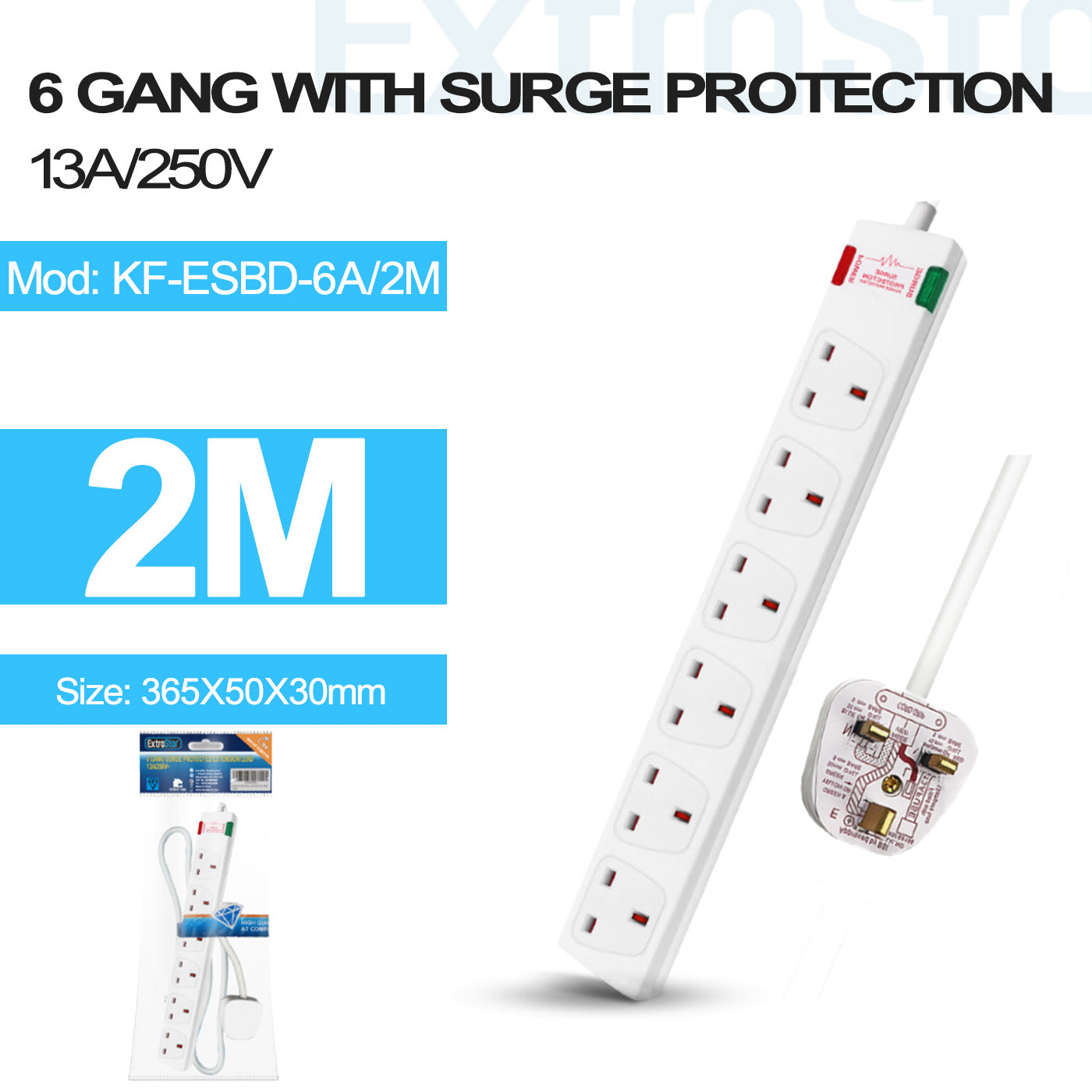 6 Gang Unswitched Surge-Protected Extension Lead 2m White (KF-ESBD-6A/2M)