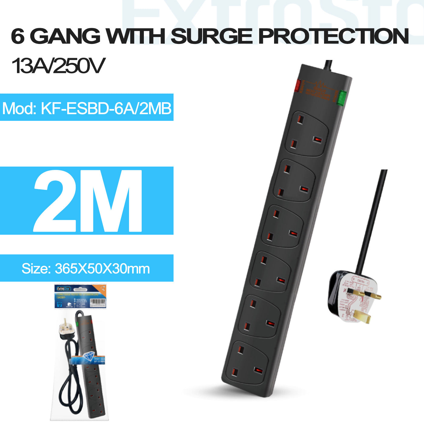 6 Gang Unswitched Surge-Protected Extension Lead 2m Black (KF-ESBD-6A/2MB)