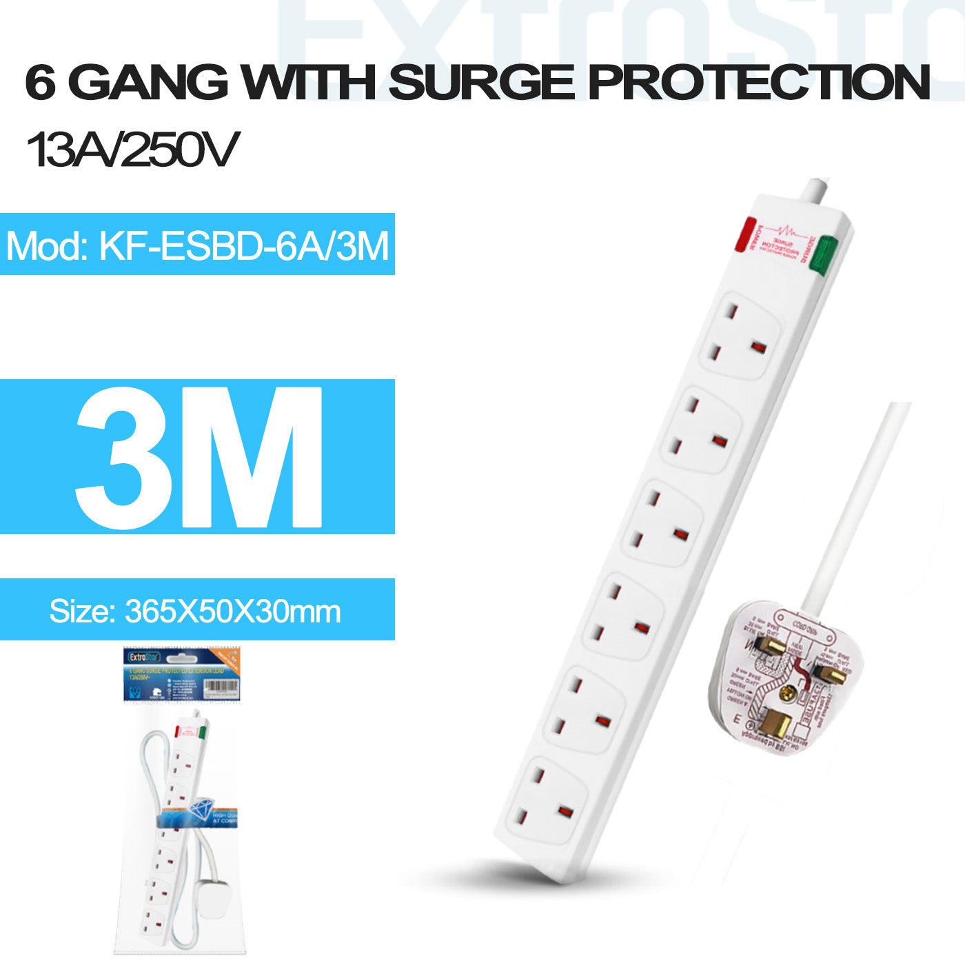 6 Gang Unswitched Surge-Protected Extension Lead 3m White (KF-ESBD-6A/3M)