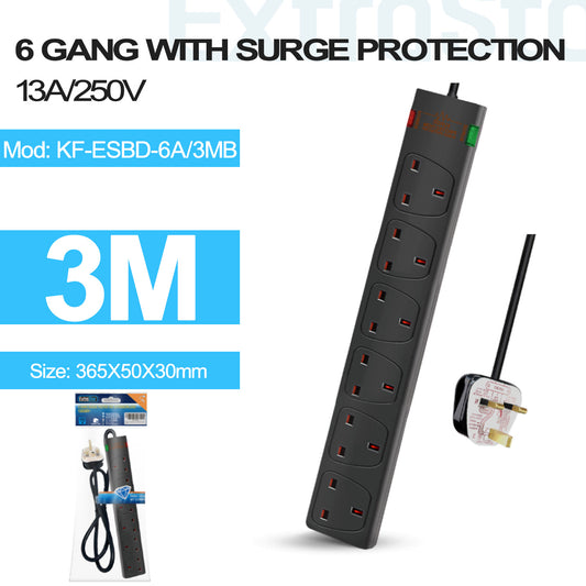 6 Gang Unswitched Surge-Protected Extension Lead 3m Black (KF-ESBD-6A/3MB)