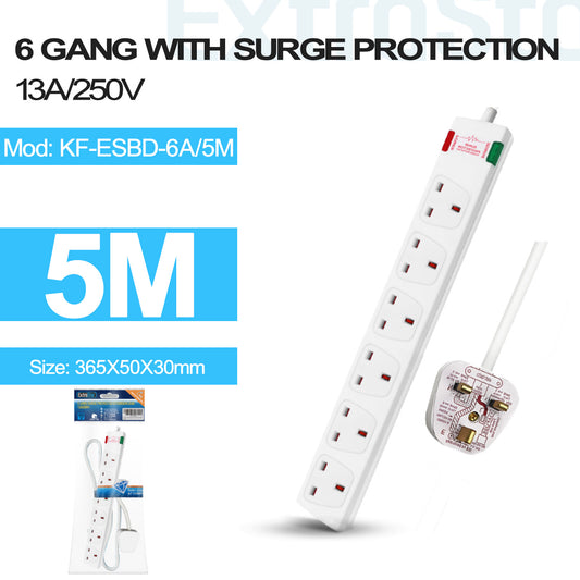 6 Gang Unswitched Surge-Protected Extension Lead 5m White (KF-ESBD-6A/5M)