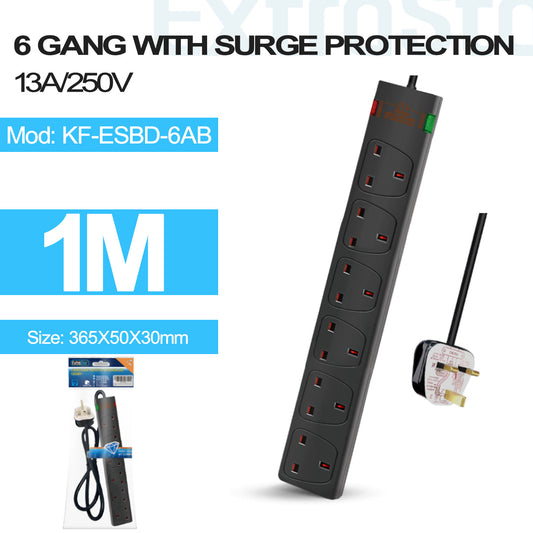 6 Gang Unswitched Surge-Protected Extension Lead 1m Black (KF-ESBD-6AB)