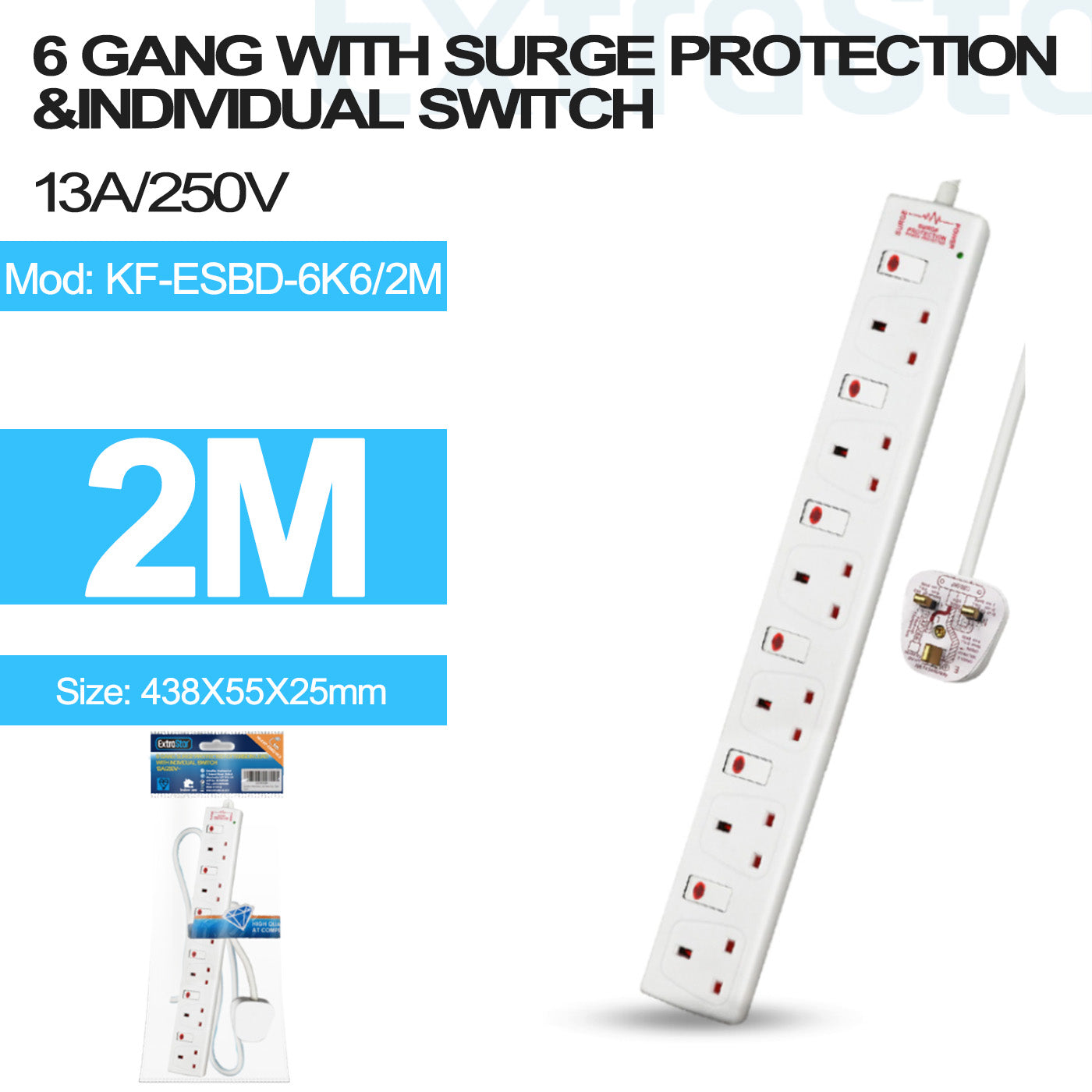 6 Gang Individually Switched Surge-Protected Extension Lead 2m (KF-ESBD-6K6/2M)