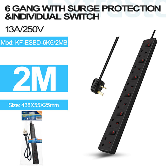 6 Gang Individually Switched Surge-Protected Extension Lead 2m Black (KF-ESBD-6K6/2MB)