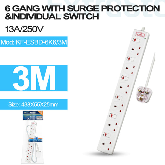 6 Gang Individually Switched Surge-Protected Extension Lead 3m (KF-ESBD-6K6/3M)