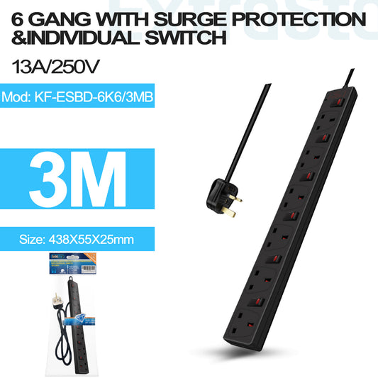 6 Gang Individually Switched Surge-Protected Extension Lead 3m Black (KF-ESBD-6K6/3MB)