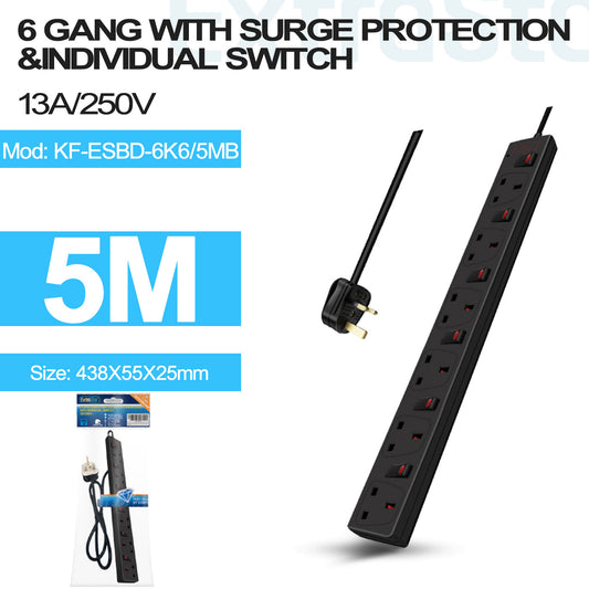 6 Gang Individually Switched Surge-Protected Extension Lead 5m Black (KF-ESBD-6K6/5MB)