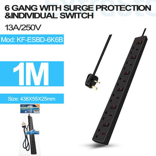 6 Gang Individually Switched Surge-Protected Extension Lead 1m Black (KF-ESBD-6K6B)