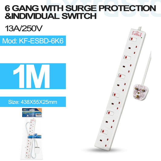 6 Gang Individually Switched Surge-Protected Extension Lead 1m (KF-ESBD-6K6)
