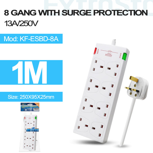 8 Gang Unswitched Surge-Protected Extension Lead 1m White (KF-ESBD-8A)