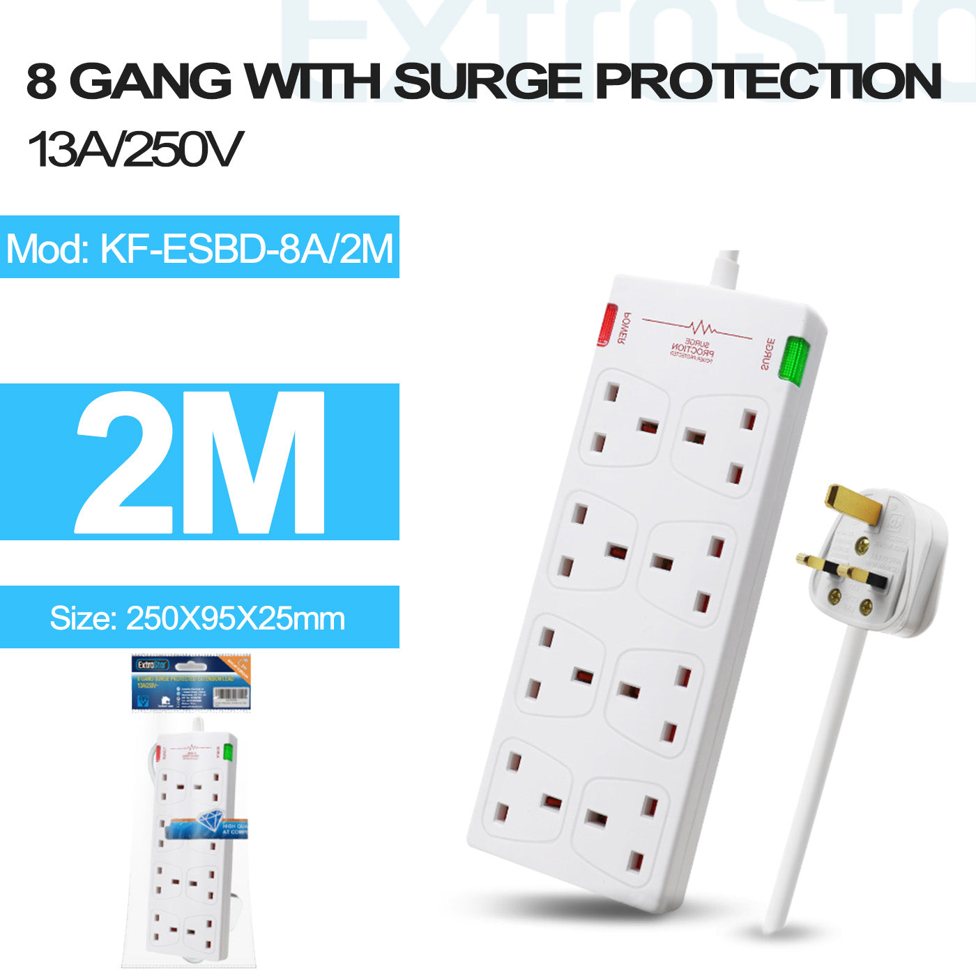 8 Gang Unswitched Surge-Protected Extension Lead 2m White (KF-ESBD-8A/2M)