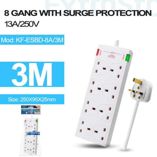 8 Gang Unswitched Surge-Protected Extension Lead 3m White (KF-ESBD-8A/3M)