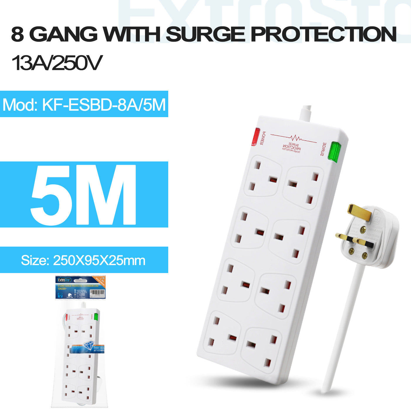 8 Gang Unswitched Surge-Protected Extension Lead 5m White (KF-ESBD-8A/5M)