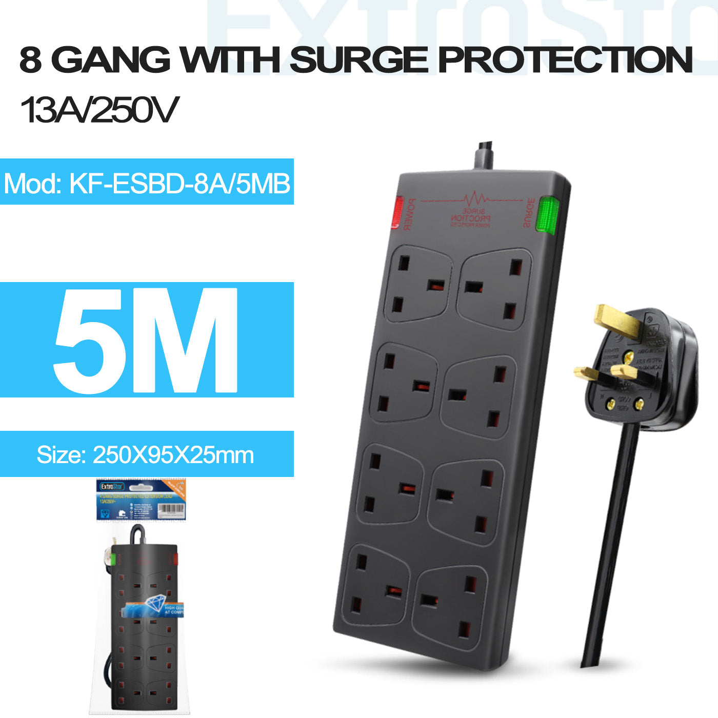 8 Gang Unswitched Surge-Protected Extension Lead 5m Black (KF-ESBD-8A/5MB)