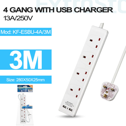 4 Gang Unswitched Extension Lead with 2 USB Ports 3m (KF-ESBU-4A/3M)