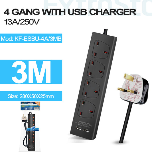 4 Gang Unswitched Extension Lead with 2 USB Ports 3m Black (KF-ESBU-4A/3MB)