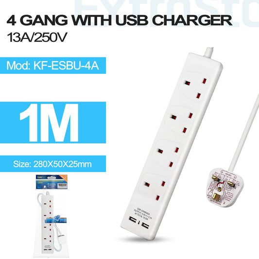 4 Gang Unswitched Extension Lead with 2 USB Ports 1m (KF-ESBU-4A)