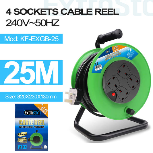 Heavy Duty 4 Gang Unswitched Cable Reel 25m - Green (KF-EXGB-25A)