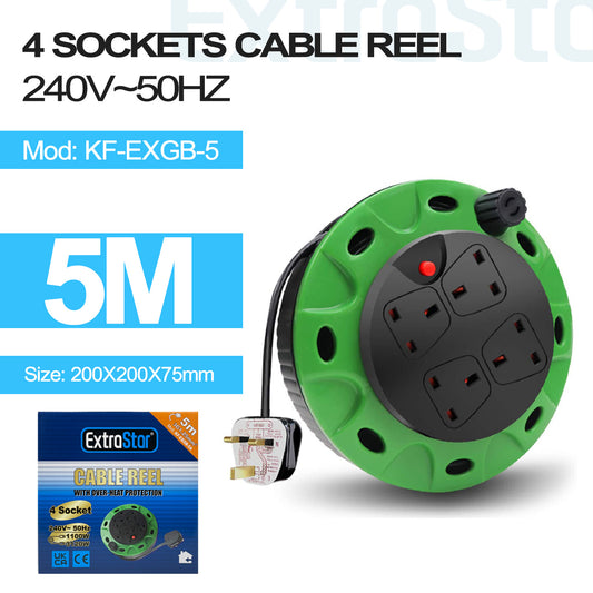4 Gang Unswitched Cable Reel 5m - Green (KF-EXGB-5A)
